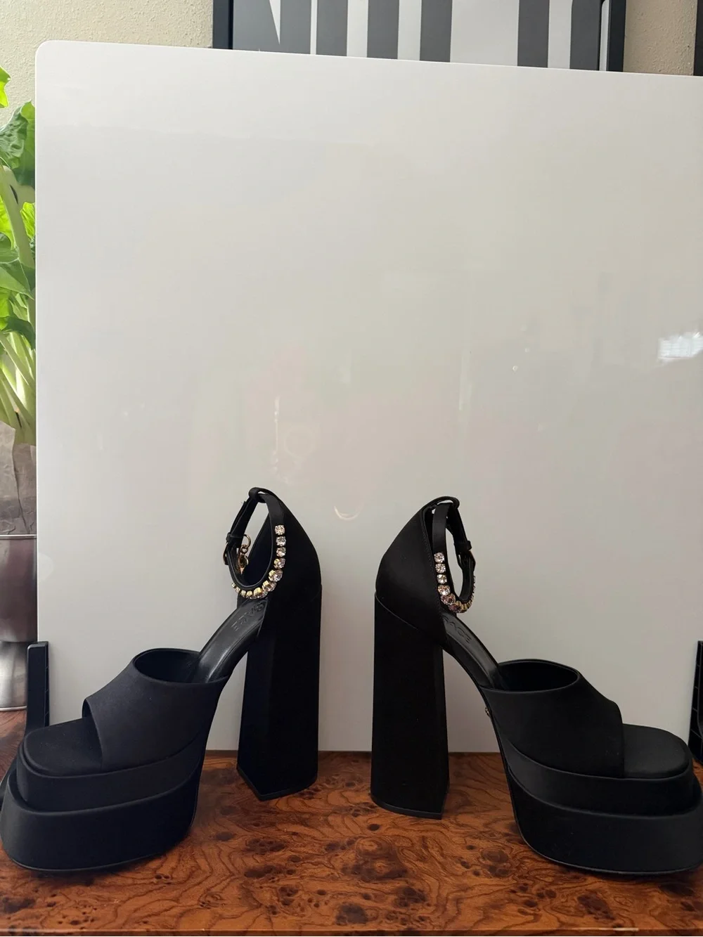 Versace Black Platform Block-Heel Sandals with Gold Chain Ankle Strap